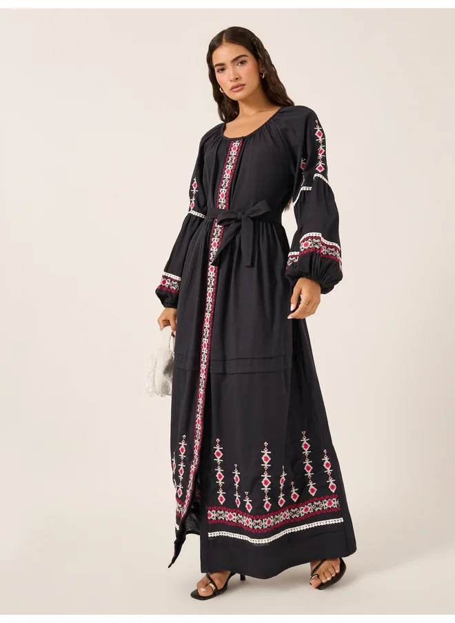 ستايلي Styli Embroidered Long Sleeves A-Line Maxi Dress