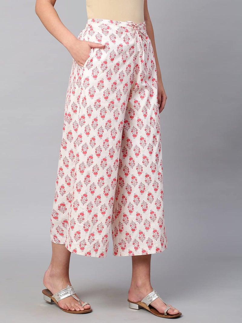 RATAN Women's Cotton Printed Loose Fit Flared Wide Leg Palazzo Mid Rise Pants (CFP-Cream-XX-Large) - Image 3
