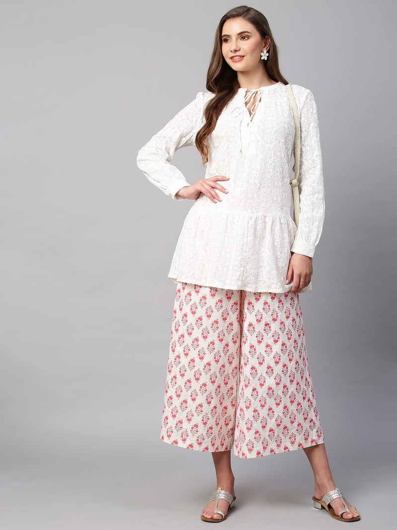 RATAN Women's Cotton Printed Loose Fit Flared Wide Leg Palazzo Mid Rise Pants (CFP-Cream-XX-Large) - Image 2