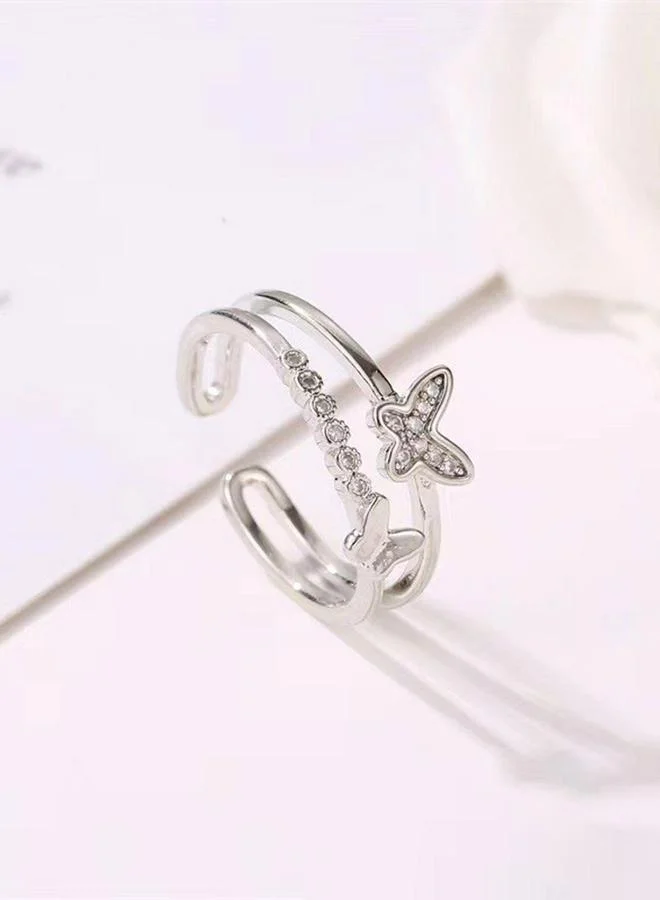 Take Two Silver Tone Rhinestone Embellished Butterfly Double-Layer Ring