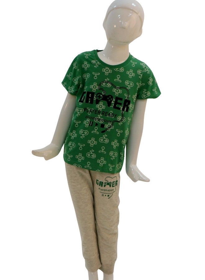 JOANNA JOANNA Boy's Gamer Print Short Sleeve Shirt & Long Pants Pajama Set, Green  - Image 1