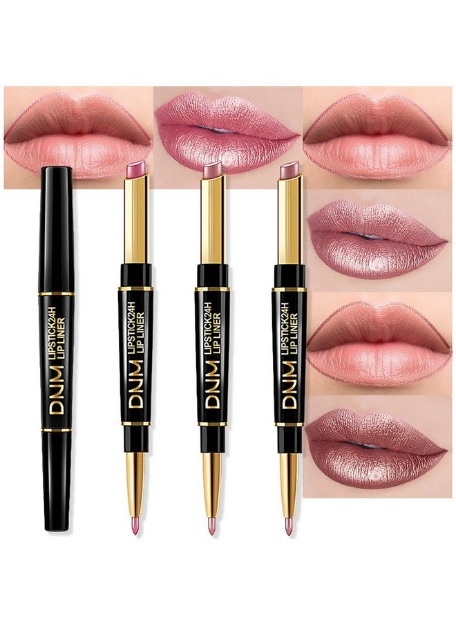 evpct 3Pcs Light Pink Nude Brown Metallic Shine Shimmer Lip Liner And Lipstick Combo Set Kit For Women, Dnm Lightweight Hydrating Formula High Impact Full Coverage Lipstick And Lip Liner Makeup Gloss - Image 1