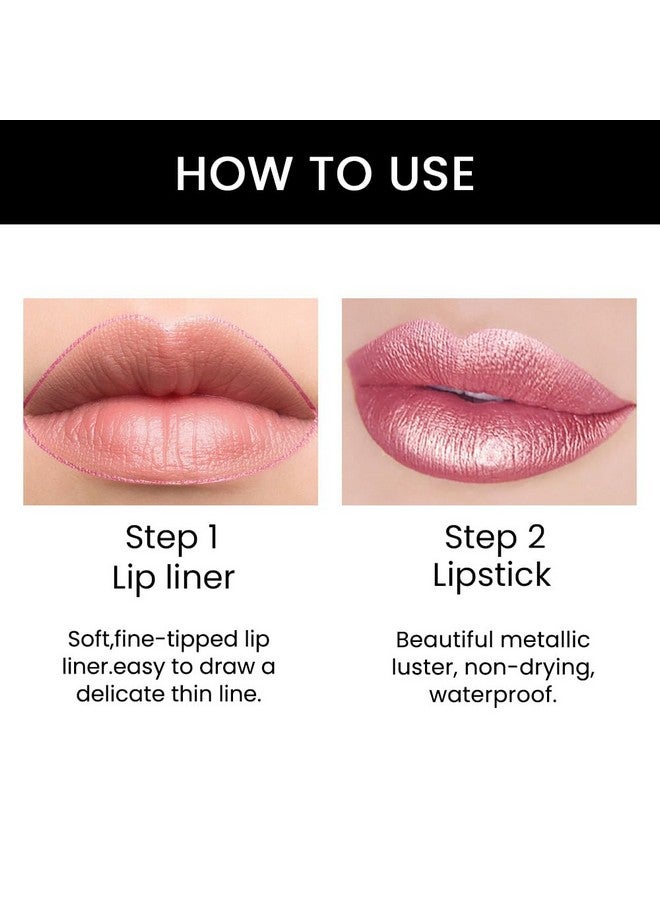 evpct 3Pcs Light Pink Nude Brown Metallic Shine Shimmer Lip Liner And Lipstick Combo Set Kit For Women, Dnm Lightweight Hydrating Formula High Impact Full Coverage Lipstick And Lip Liner Makeup Gloss - Image 3