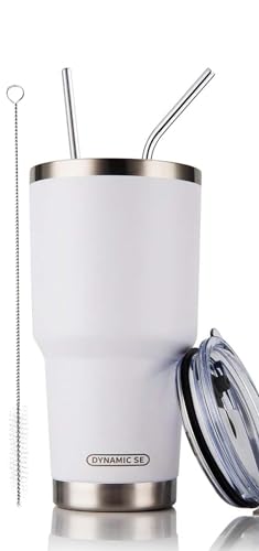 DS 30oz White Tumbler Stainless Steel Double Wall Vacuum Insulated Mug with Straw and Lid Cleaning Brush for Cold and Hot Beverages 30oz White
