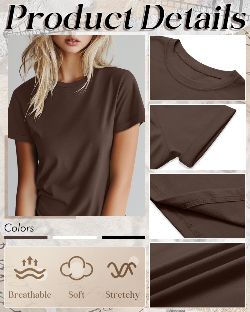 Huukeay 3 Pack Women's Cotton T Shirts Casual Short Sleeve Tunic Tops Crewneck Summer Plain Basic Loose Fit Tee(Black, White, Brown,Large) - Image 5