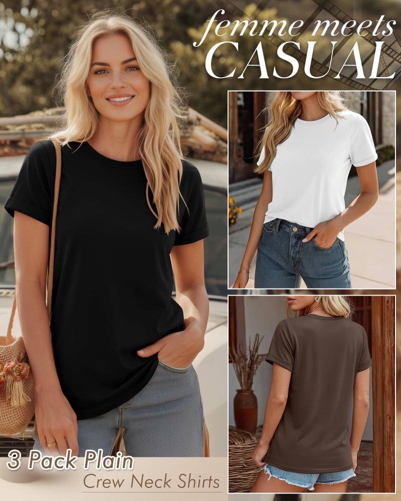 Huukeay 3 Pack Women's Cotton T Shirts Casual Short Sleeve Tunic Tops Crewneck Summer Plain Basic Loose Fit Tee(Black, White, Brown,Large) - Image 4
