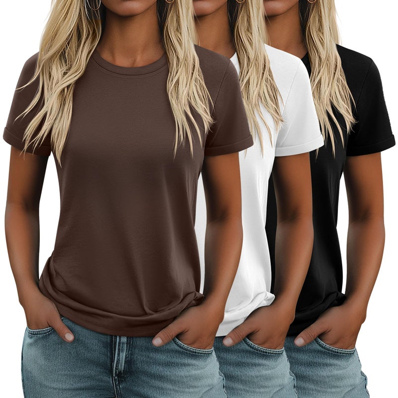 Huukeay 3 Pack Women's Cotton T Shirts Casual Short Sleeve Tunic Tops Crewneck Summer Plain Basic Loose Fit Tee(Black, White, Brown,Large) - Image 1