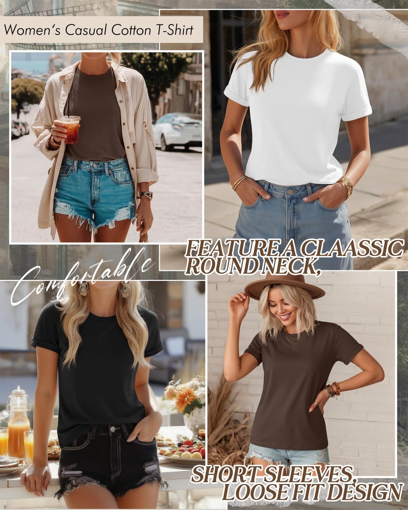 Huukeay 3 Pack Women's Cotton T Shirts Casual Short Sleeve Tunic Tops Crewneck Summer Plain Basic Loose Fit Tee(Black, White, Brown,Large) - Image 3