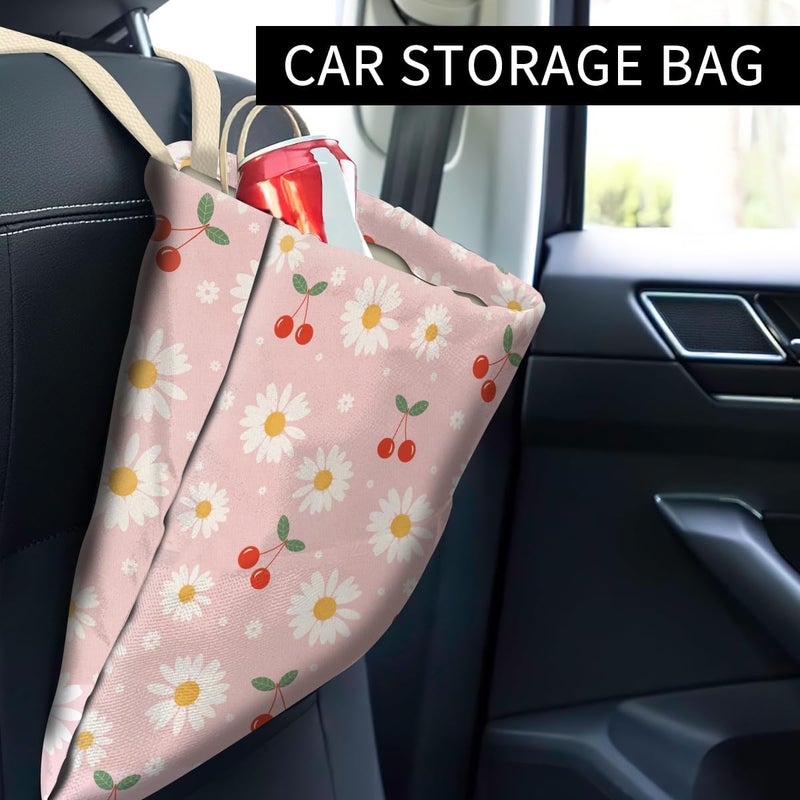 ABUIFDK Car Trash Can, Cute Car Trash Bag, Hanging Car Organizer and Storage Bag, Trash Bin for Car Accessories, Vehicle, Travelling, Camping Cute Pink Daisy Cherry - Image 2