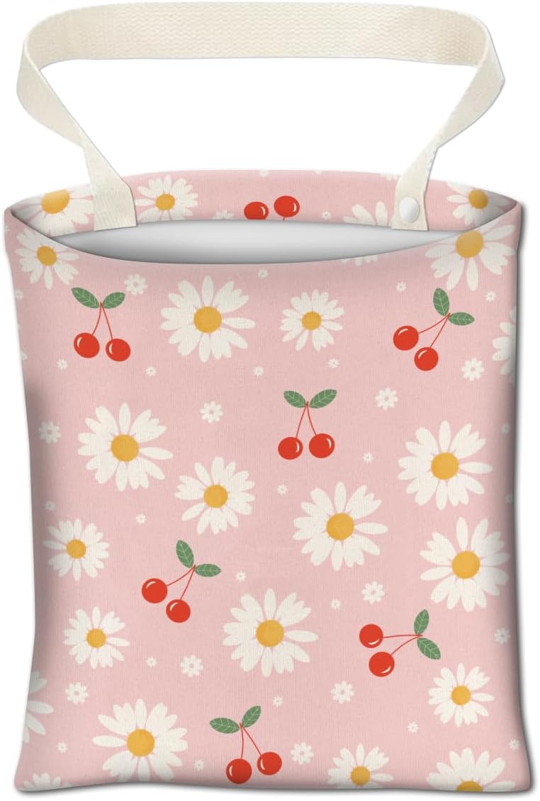 ABUIFDK Car Trash Can, Cute Car Trash Bag, Hanging Car Organizer and Storage Bag, Trash Bin for Car Accessories, Vehicle, Travelling, Camping Cute Pink Daisy Cherry - Image 1