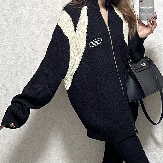 Massive in stock Japanese online celebrity recommend new spring double-headed zipper decoration womens heavy-duty sweater large version coat Black 