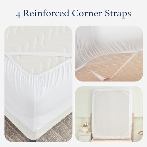 HOMTEC 100% Cotton Percale Fitted Sheet California King Size, 8-15" Deep Pocket Cooling Bottom Sheet, Breathable Soft & Crisp Fitted Sheet Only with 4 Corner Straps (Cal King, White) - Image 2