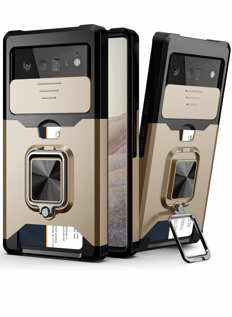 كابتن تيك Case for Google Pixel 6 6.4 inch with Camera Cover Kickstand Slide Lens Cover + Rotate Ring Stand + Card Holder Gold - Image 1