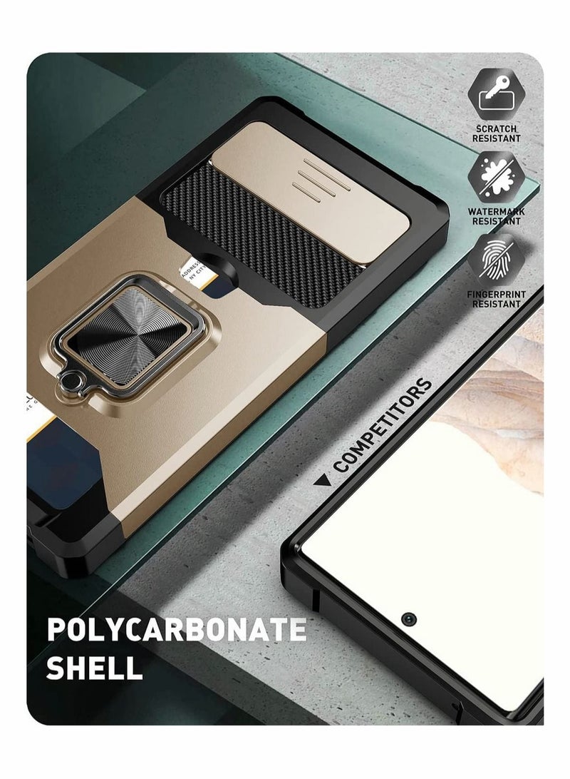 كابتن تيك Case for Google Pixel 6 6.4 inch with Camera Cover Kickstand Slide Lens Cover + Rotate Ring Stand + Card Holder Gold - Image 5