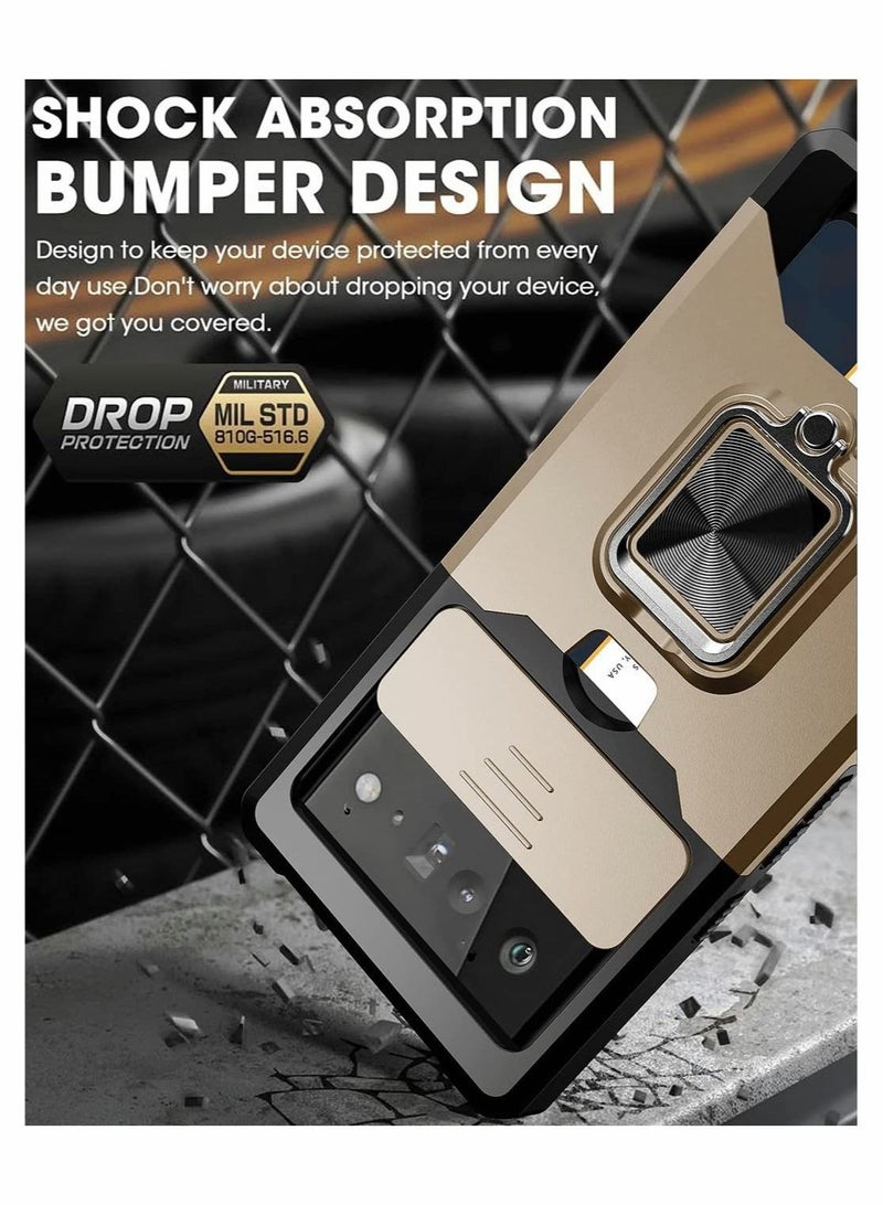 كابتن تيك Case for Google Pixel 6 6.4 inch with Camera Cover Kickstand Slide Lens Cover + Rotate Ring Stand + Card Holder Gold - Image 3