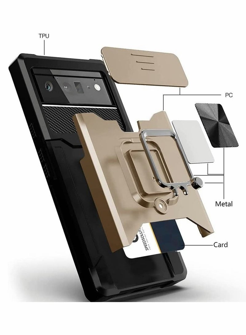 كابتن تيك Case for Google Pixel 6 6.4 inch with Camera Cover Kickstand Slide Lens Cover + Rotate Ring Stand + Card Holder Gold - Image 4