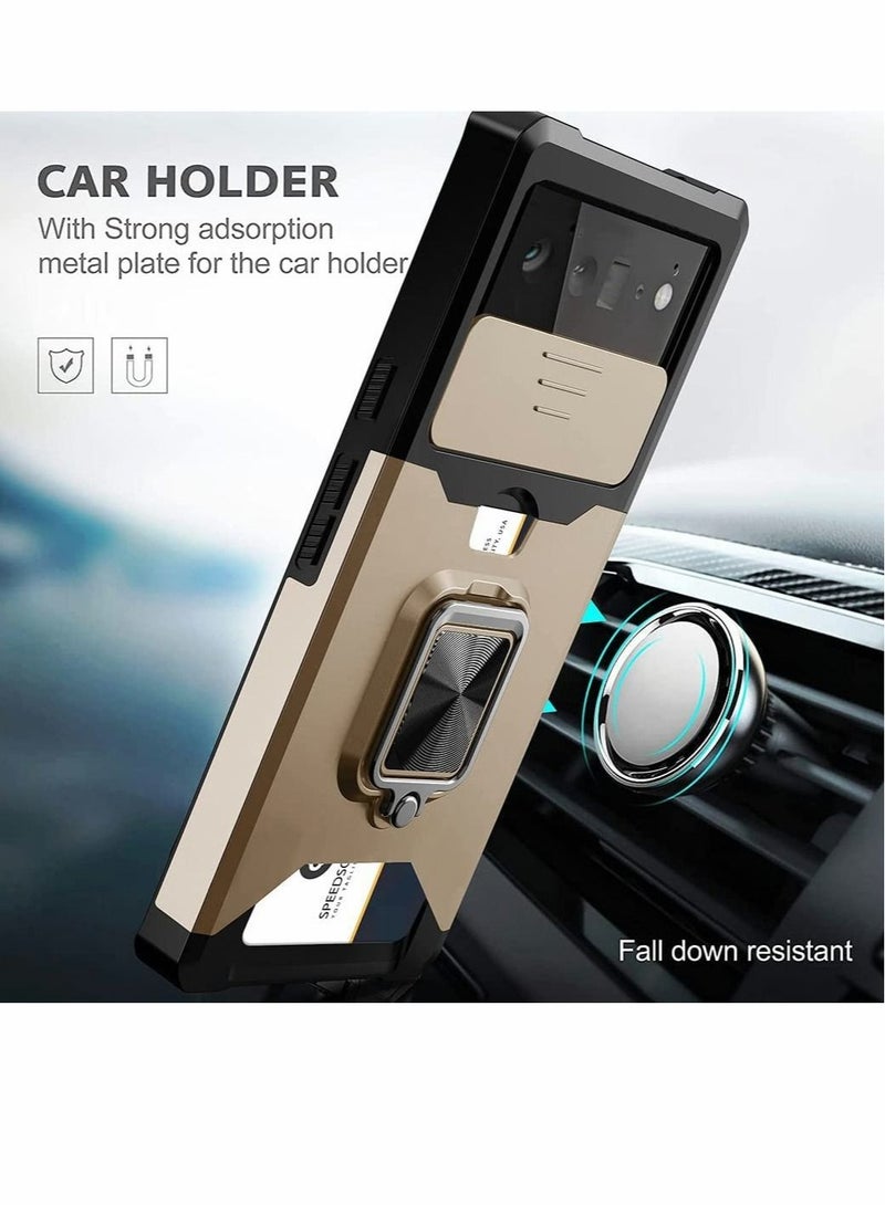 كابتن تيك Case for Google Pixel 6 6.4 inch with Camera Cover Kickstand Slide Lens Cover + Rotate Ring Stand + Card Holder Gold - Image 2