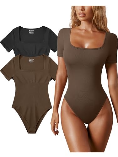 OQQ Women's 2 Piece Bodysuits Sexy Ribbed One Piece Square Neck Short Sleeve Bodysuits Black Coffee - Image 1