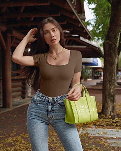 OQQ Women's 2 Piece Bodysuits Sexy Ribbed One Piece Square Neck Short Sleeve Bodysuits Black Coffee - Image 4