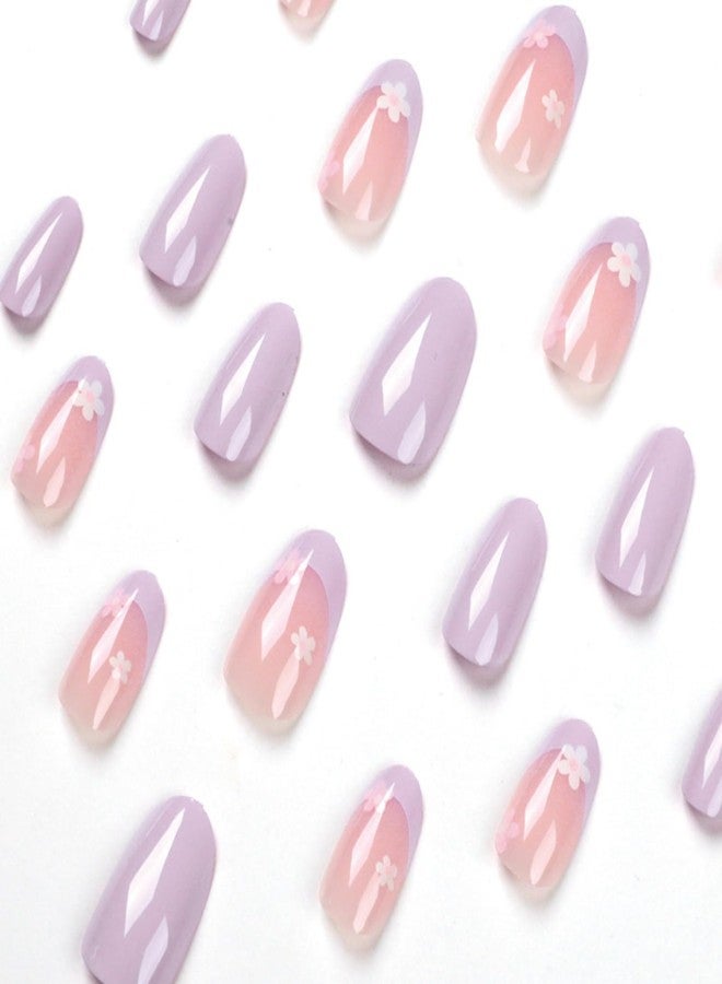 UCCASA Flower Press on Nails Medium French Tip Purple False Nails Floral Press on Acrylic Nails with Design Spring Almond Fake Nails Full Cover Glue on Nail Glossy Holiday Stick on Nail for Women Girls - Image 3