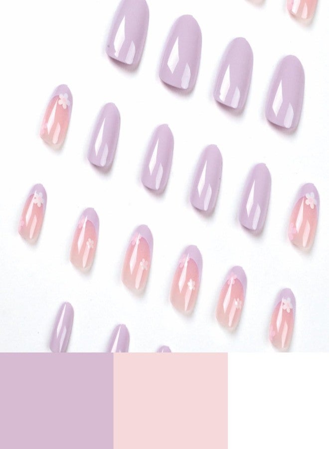 UCCASA Flower Press on Nails Medium French Tip Purple False Nails Floral Press on Acrylic Nails with Design Spring Almond Fake Nails Full Cover Glue on Nail Glossy Holiday Stick on Nail for Women Girls - Image 2