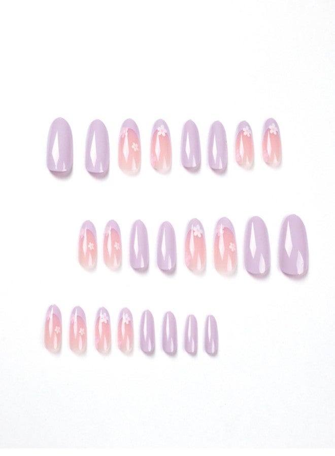 UCCASA Flower Press on Nails Medium French Tip Purple False Nails Floral Press on Acrylic Nails with Design Spring Almond Fake Nails Full Cover Glue on Nail Glossy Holiday Stick on Nail for Women Girls - Image 4