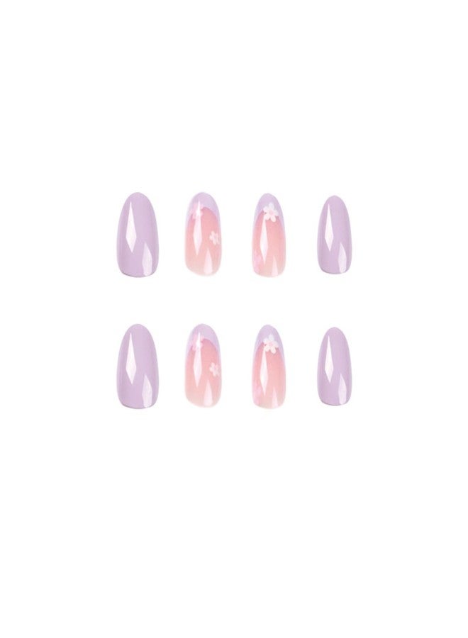UCCASA Flower Press on Nails Medium French Tip Purple False Nails Floral Press on Acrylic Nails with Design Spring Almond Fake Nails Full Cover Glue on Nail Glossy Holiday Stick on Nail for Women Girls - Image 5