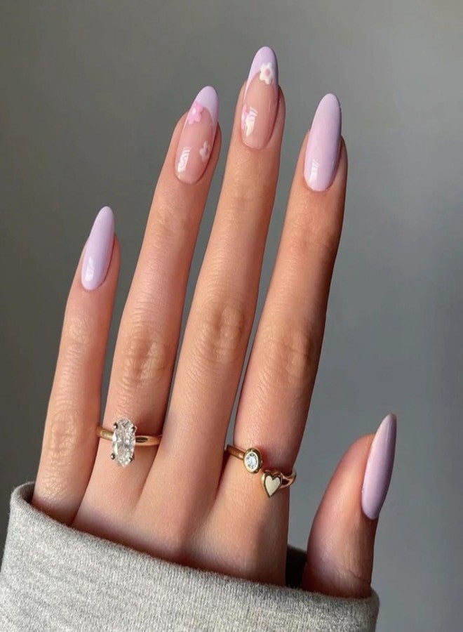 UCCASA Flower Press on Nails Medium French Tip Purple False Nails Floral Press on Acrylic Nails with Design Spring Almond Fake Nails Full Cover Glue on Nail Glossy Holiday Stick on Nail for Women Girls - Image 1