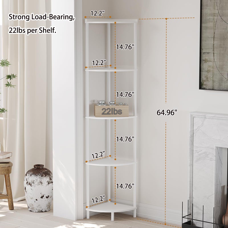 SUNMORY 5 Tier Corner Shelf Stand, Industrial 65" Corner Shelves Display Shelf for Living Room Decor, Wall Corner Bookshelf Multi Unit Organizer, Tall Shelf Plant Stand for Bedroom, Bathroom, White - Image 2