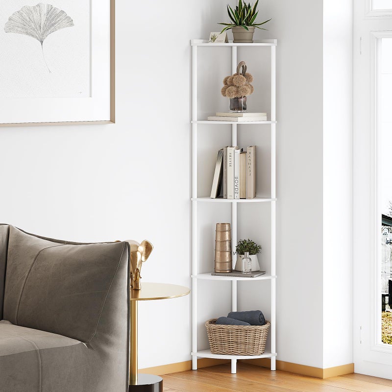 SUNMORY 5 Tier Corner Shelf Stand, Industrial 65" Corner Shelves Display Shelf for Living Room Decor, Wall Corner Bookshelf Multi Unit Organizer, Tall Shelf Plant Stand for Bedroom, Bathroom, White - Image 1