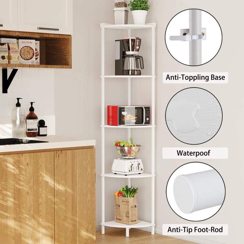 SUNMORY 5 Tier Corner Shelf Stand, Industrial 65" Corner Shelves Display Shelf for Living Room Decor, Wall Corner Bookshelf Multi Unit Organizer, Tall Shelf Plant Stand for Bedroom, Bathroom, White - Image 3