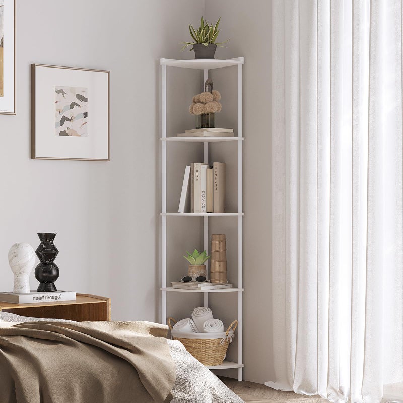 SUNMORY 5 Tier Corner Shelf Stand, Industrial 65" Corner Shelves Display Shelf for Living Room Decor, Wall Corner Bookshelf Multi Unit Organizer, Tall Shelf Plant Stand for Bedroom, Bathroom, White - Image 4