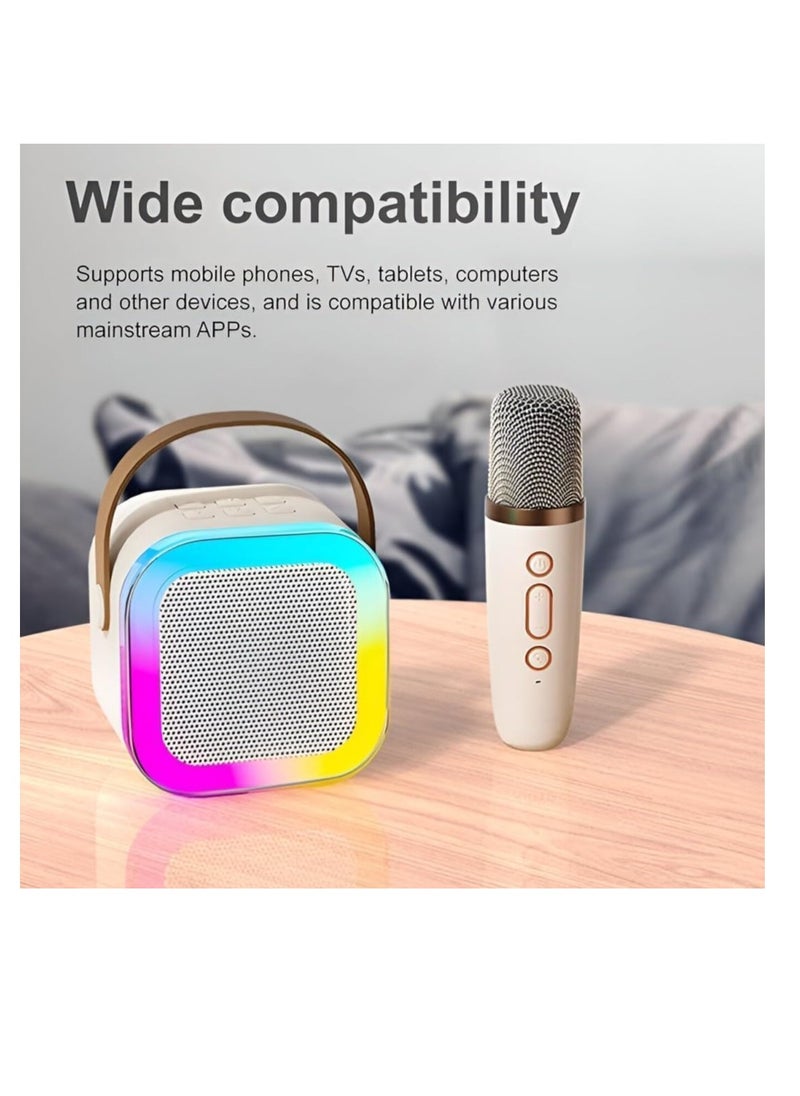 ماركة غير محددة - سبيكر كاريوكي لاسلكي للأطفال K12 + مايك – بلوتوث، أضواء RGB، منفذ USB، بطاقة Micro SD، مدخل مايكروفون – محمول وصوت عالي الجودة (بياج) - Image 1