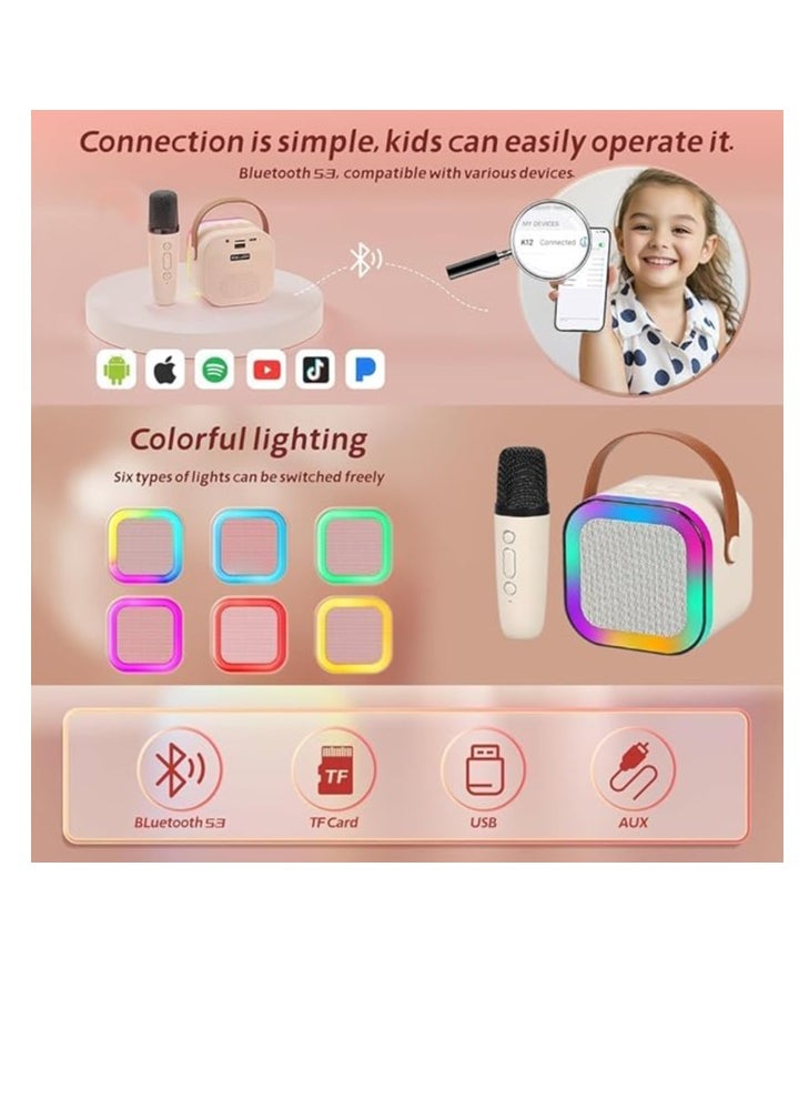 ماركة غير محددة - سبيكر كاريوكي لاسلكي للأطفال K12 + مايك – بلوتوث، أضواء RGB، منفذ USB، بطاقة Micro SD، مدخل مايكروفون – محمول وصوت عالي الجودة (بياج) - Image 1