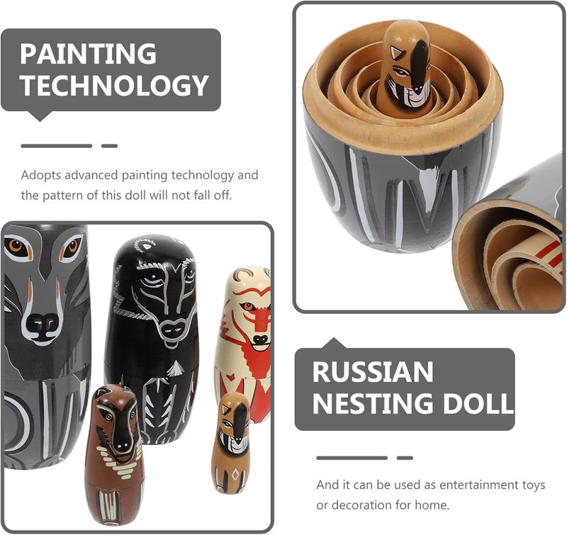 Russian Nesting Dolls 5pcs - Handmade Painted Wooden Matryoshka Nesting Dolls for Kids, Stacking Dolls for Christmas, Easter, Halloween Decorations & Birthday Gift (Wolf) - Image 5
