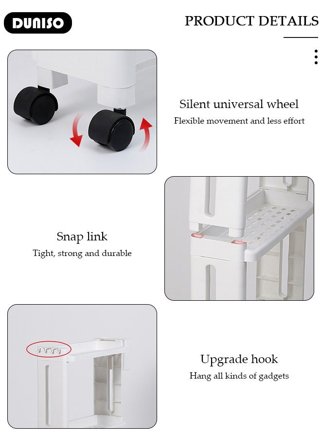 DUNISO Slim Rolling Storage Cart, 3 Tier Bathroom Storage Organizer Laundry Room Utility Cart, Multi-Purpose Mobile Shelving Unit with Hooks,for Kitchen Office Bathroom Laundry Narrow Places  - Image 3