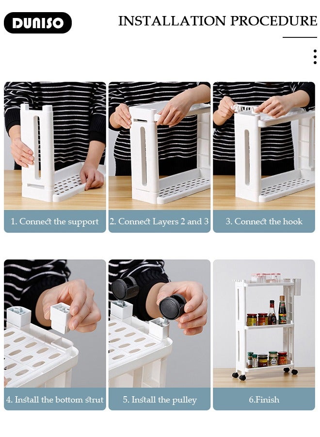 DUNISO Slim Rolling Storage Cart, 3 Tier Bathroom Storage Organizer Laundry Room Utility Cart, Multi-Purpose Mobile Shelving Unit with Hooks,for Kitchen Office Bathroom Laundry Narrow Places  - Image 5