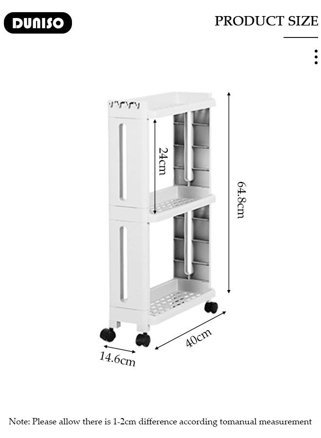 DUNISO Slim Rolling Storage Cart, 3 Tier Bathroom Storage Organizer Laundry Room Utility Cart, Multi-Purpose Mobile Shelving Unit with Hooks,for Kitchen Office Bathroom Laundry Narrow Places  - Image 2