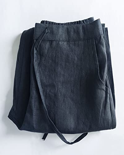 IXIMO Women's Tapered Pants 100% Linen Drawstring Back Elastic Waist Pants Trousers with Pockets Gray Blue L - Image 4