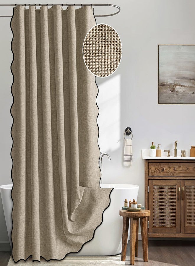 MIULEE Khaki Scalloped Shower Curtain Linen Textured with 12 Metal Hooks Cute Heavy Duty Washable Waterproof Thick Cloth Shower Curtains with Black Border for Bathroom Hotel Bathtub,W72*L72 - Image 1