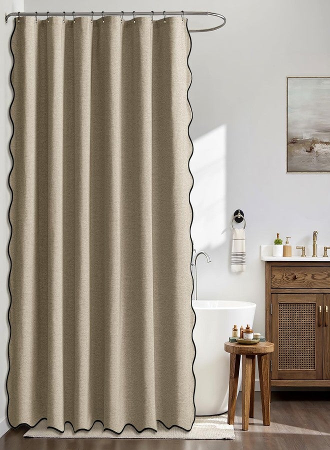 MIULEE Khaki Scalloped Shower Curtain Linen Textured with 12 Metal Hooks Cute Heavy Duty Washable Waterproof Thick Cloth Shower Curtains with Black Border for Bathroom Hotel Bathtub,W72*L72 - Image 2