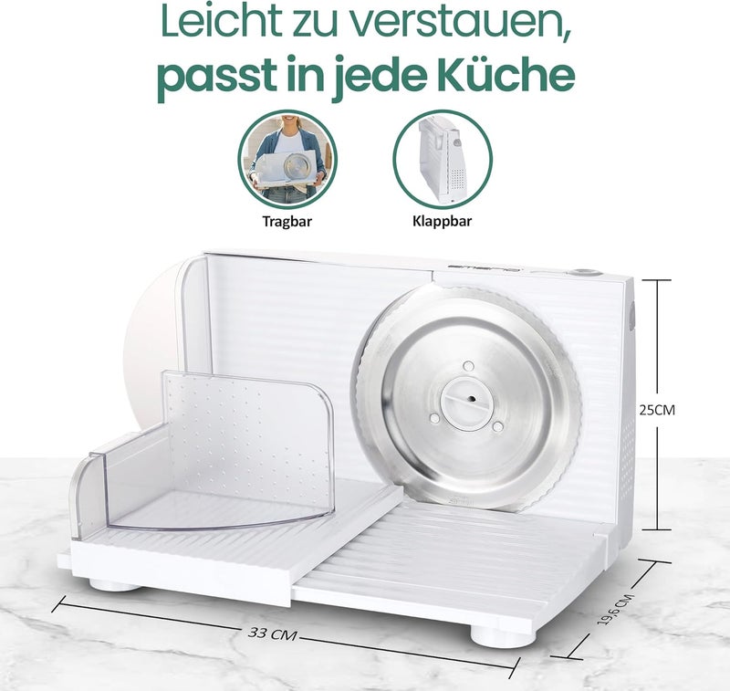 EMERIO MS-125000 All-Purpose Slicer, Stainless Steel Knife Unit Made in Germany, Adjustable 0-17 mm, BPA-Free, Space-Saving, Foldable, with Safety Switch, Eco 100 Watt, White - Image 5
