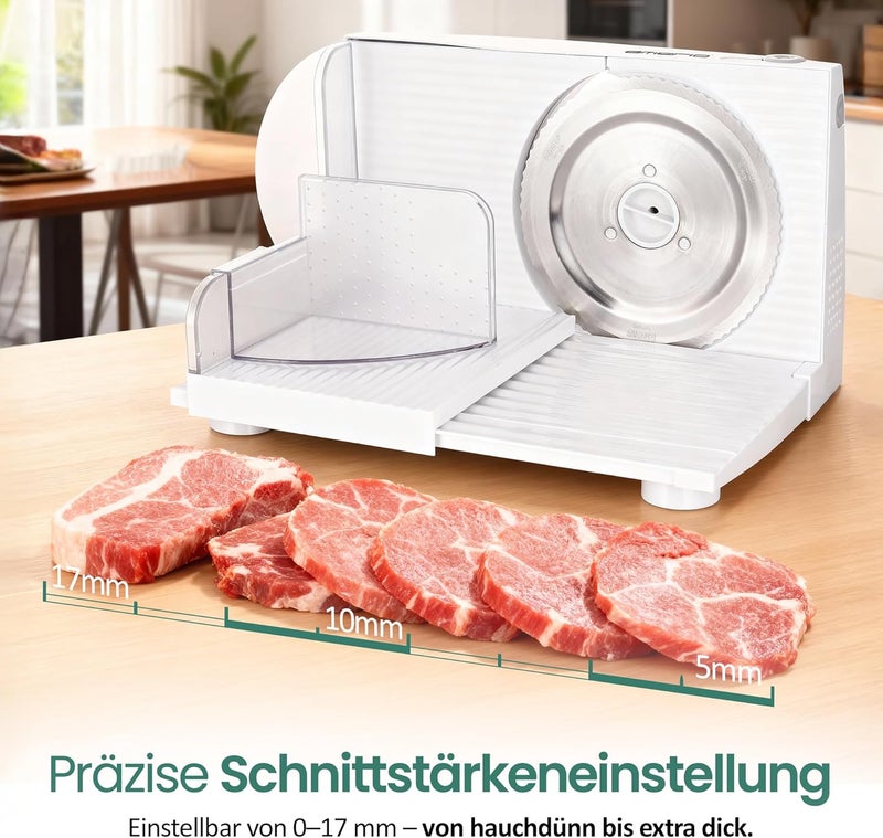 EMERIO MS-125000 All-Purpose Slicer, Stainless Steel Knife Unit Made in Germany, Adjustable 0-17 mm, BPA-Free, Space-Saving, Foldable, with Safety Switch, Eco 100 Watt, White - Image 3
