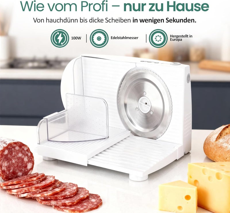 EMERIO MS-125000 All-Purpose Slicer, Stainless Steel Knife Unit Made in Germany, Adjustable 0-17 mm, BPA-Free, Space-Saving, Foldable, with Safety Switch, Eco 100 Watt, White - Image 2