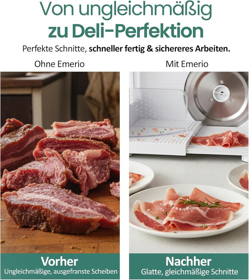 EMERIO MS-125000 All-Purpose Slicer, Stainless Steel Knife Unit Made in Germany, Adjustable 0-17 mm, BPA-Free, Space-Saving, Foldable, with Safety Switch, Eco 100 Watt, White - Image 4
