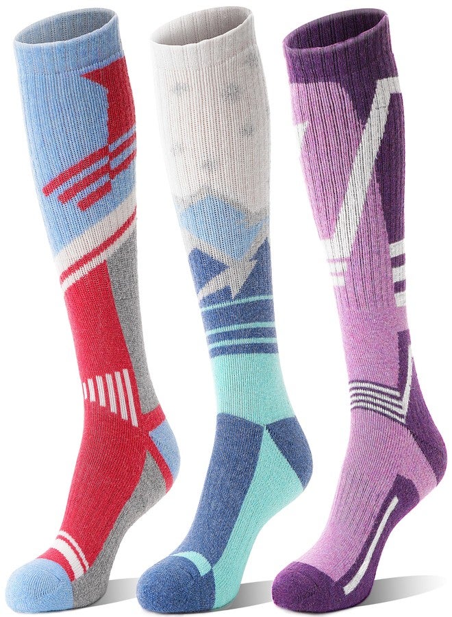 Sandsuced Merino Wool Ski Socks for Mens Womens Winter Thermal Warm Thick Knee High Snowboarding Skiing Socks for Cold Weather 3 Pairs Gifts Stocking Stuffers(Red/Blue/Purple,M) - Image 1