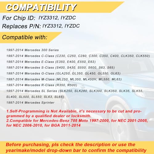 Vurkcy Key Fob Replacement for 19972014 Mercedes Benz C CL E GL ML R S Class 9714 Sprinter 300 SL Series Car Keyless Entry Remote Control IYZ3312 IYZDC 4 Buttons 2Pcs - Image 3