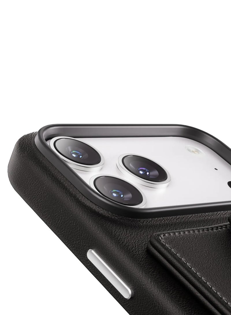 LEVELO iPhone 17 Pro Max Case MagSafe With Detachable Wallet Vertex PU Leather / Raised Bezels For Camera & Screen / Shock-Resistant-Bumper / Full-Wrap Leather Build Back Cover - Black - Image 4