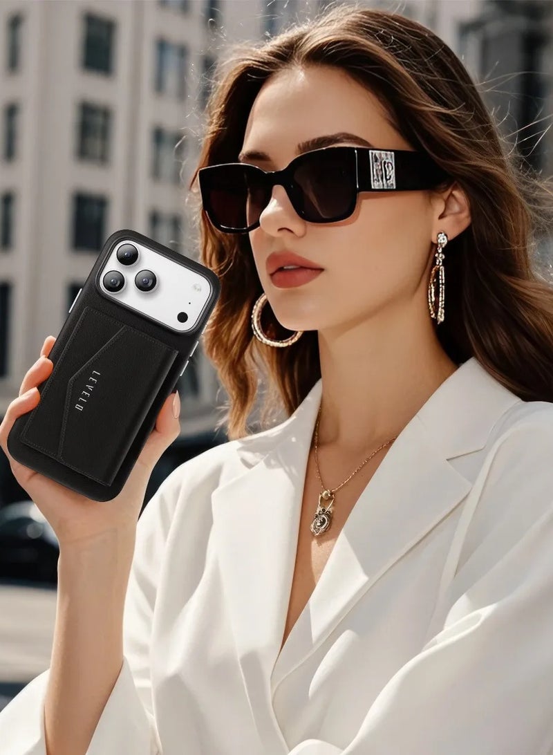 LEVELO iPhone 17 Pro Max Case MagSafe With Detachable Wallet Vertex PU Leather / Raised Bezels For Camera & Screen / Shock-Resistant-Bumper / Full-Wrap Leather Build Back Cover - Black - Image 5