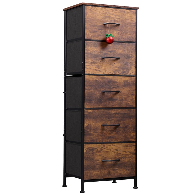 WLIVE Fabric Dresser for Bedroom, 5-Drawer Tall Dressers, Storage Organizer with Fabric Bins, Wood Top, Sturdy Steel Frame, Chest of Drawers for Closet, Hallway, Rustic Brown Wood Grain Print - Image 1